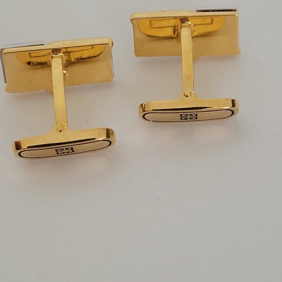 Givenchy Cufflinks Set Gold Silver Tone Rectangle Logo Vintage Designer Geometri - Picture 5 of 7